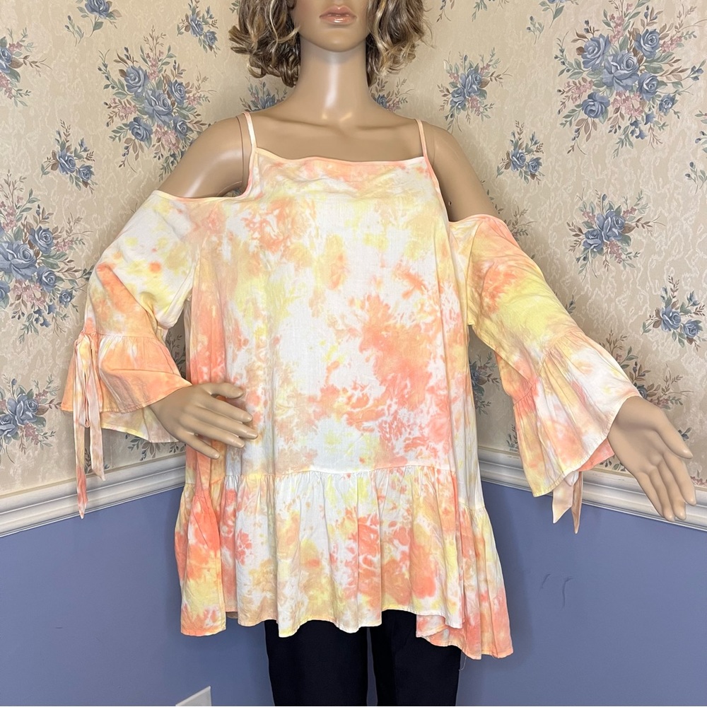 Easel Orange Yellow Tie Dye Cold Shoulder Boho Shirt, Size L, NWT